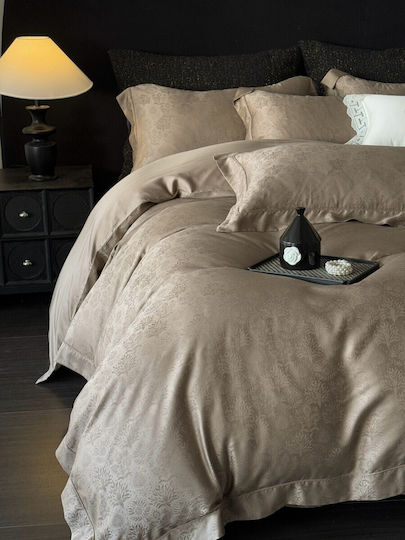 Σετ Παπλωματοθήκη Υπέρδιπλη 220x240cm 100% Lyocell Ζακάρ 2 Μαξιλαροθήκες & 1 Σεντόνι Καφέ