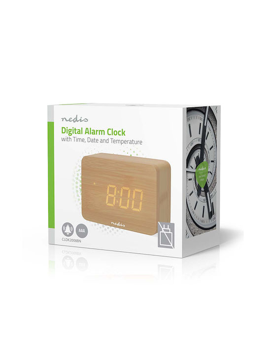 Nedis Tabletop Digital LED Clock Wooden With Brown Alarm Clock CLDK2008BN