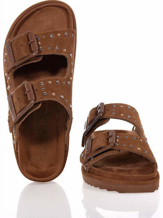 Leather Women's Flat Sandals Tabac Brown