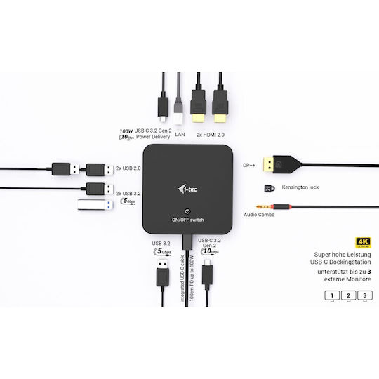 i-tec USB-C Docking Station με HDMI/DisplayPort 4K PD Ethernet και σύνδεση 3 Οθονών Μαύρο (C31TRIPLEVIDEODPPRO)
