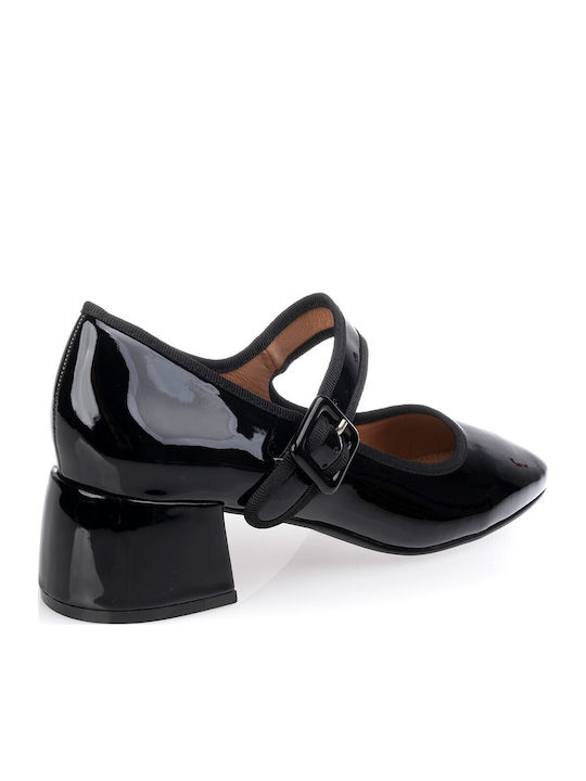 Pointed Toe Heels from Patent Leather with Strap & Mid Heel Black