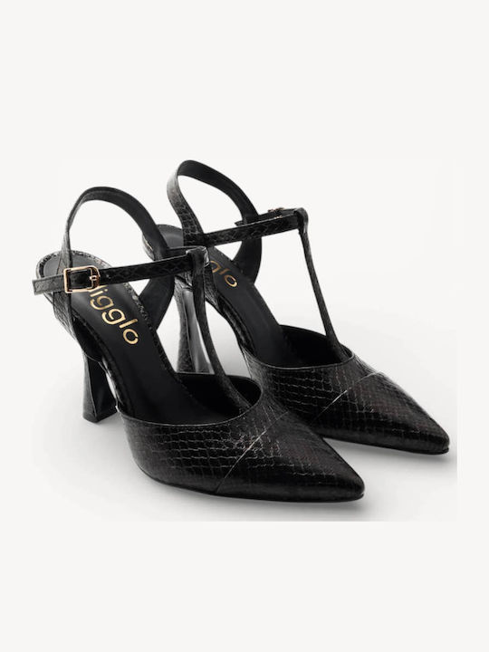Black Heels T-bar Snake Print High Heel