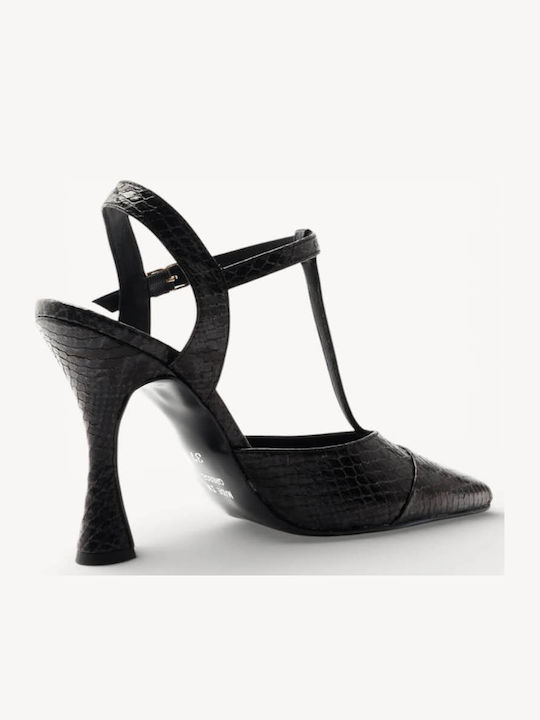 Black Heels T-bar Snake Print High Heel