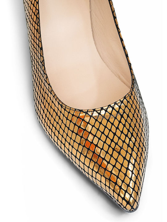 Leather Heels with Chunky Mid Heel Gold