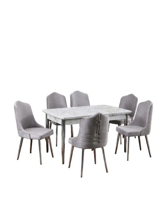 Orhideea Set 6 Persoane Marmură Alb Argintiu - Alb/Gri 132x80x75cm