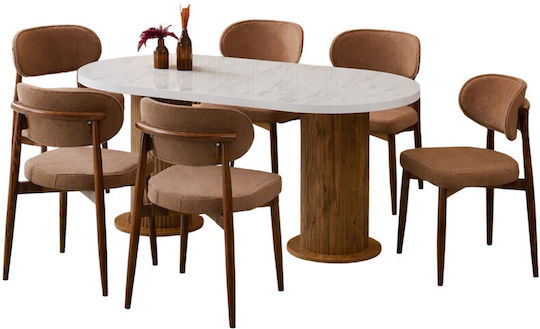 Bohem Dining Set Brown Metal Chairs Marble With White Design 170x90x75cm