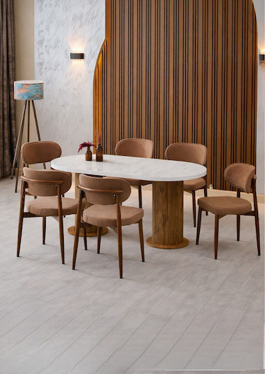 Bohem Dining Set Brown Metal Chairs Marble With White Design 170x90x75cm