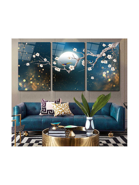 Threefold Glass Set With Flower Branch In Dark Blue (60x90cm)