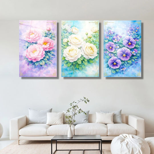 Set Triplu Panouri Din Sticlă Cu Flori Multicolore (60x90cm)