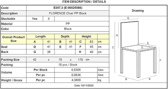 Outdoor Chair Polypropylene Florence Black Velvet-Black Metal 41x41x83cm