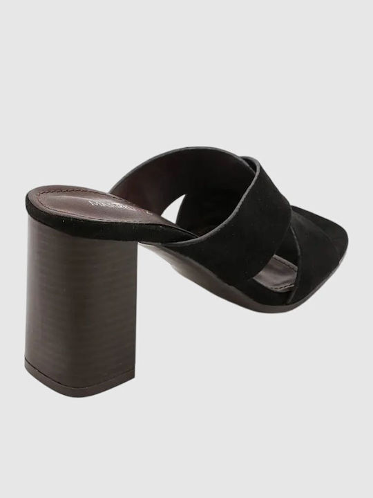 Suede Mules με Ψηλό Τακούνι σε Μαύρο Χρώμα