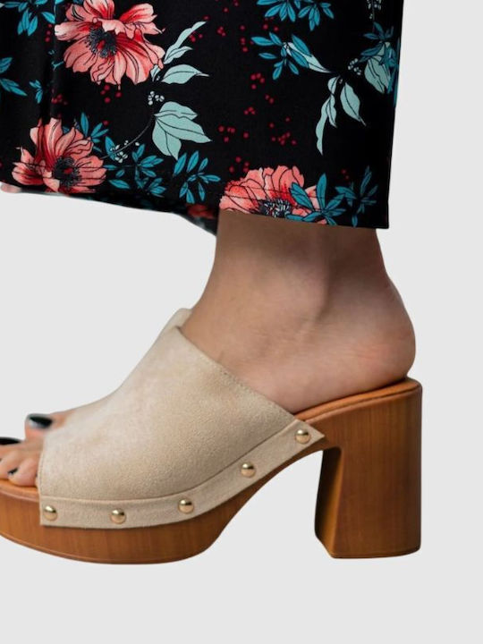 Suede Mules with High Heel in Beige Colour