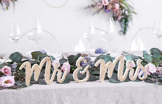 Ξύλινο Διακοσμητικό Τραπεζιού Χρυσό Mr & Mrs