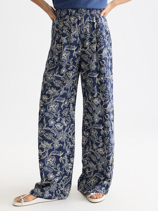 Damen Satin-Hose Ausgestellt mit Gummiband Blumen Blau