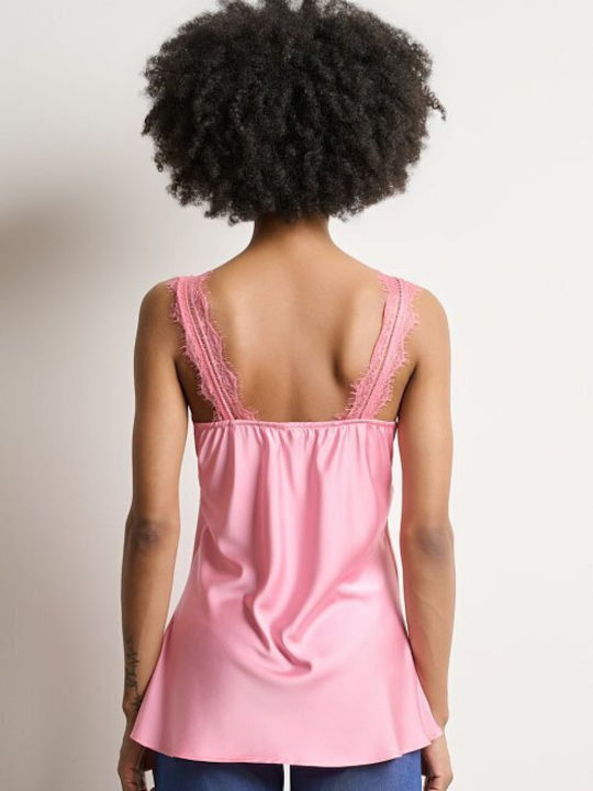 Women's Satin Blouse with Spaghetti Straps & V-Neckline Pink