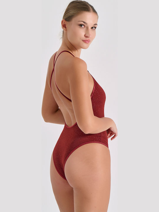 Milena Γυναικείο Κορμάκι Brazil Χιαστή Πλάτη Lurex Κόκκινο