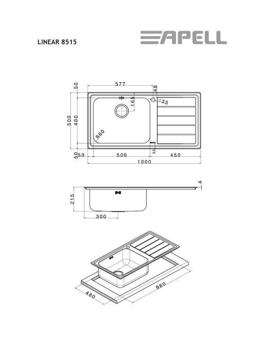 Apell Linear 8515 Ένθετος Νεροχύτης Αριστερός Inox Σατινέ Μ100xΠ50cm Ασημί