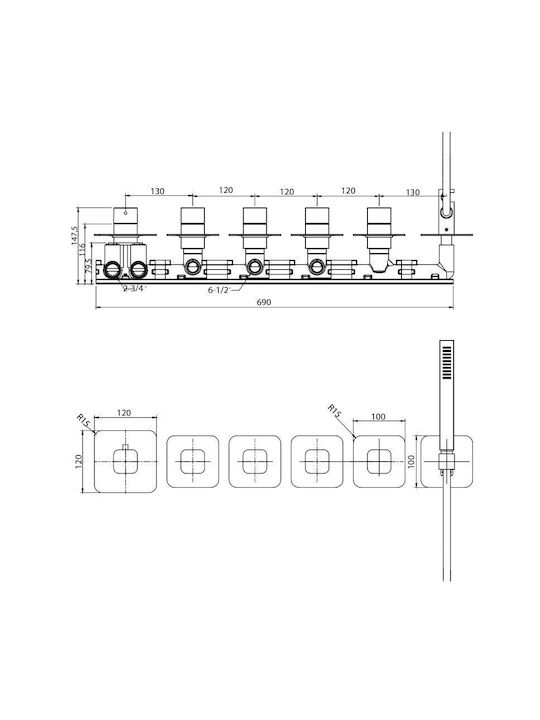Sparke Oneral Built-in Mixer, Hand Shower & Shower Head Set for Shower 3 Exits Inox Silver