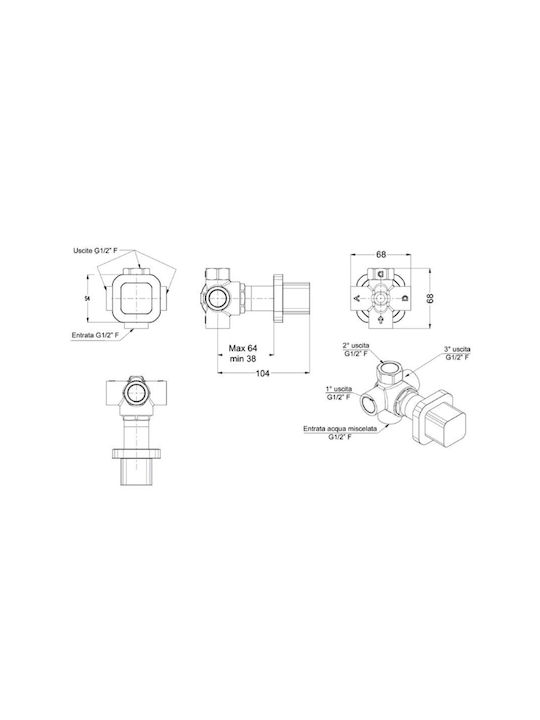 Eurorama Quadra Built-in Mixer & Diverter Set for Shower 3 Exits Inox Silver