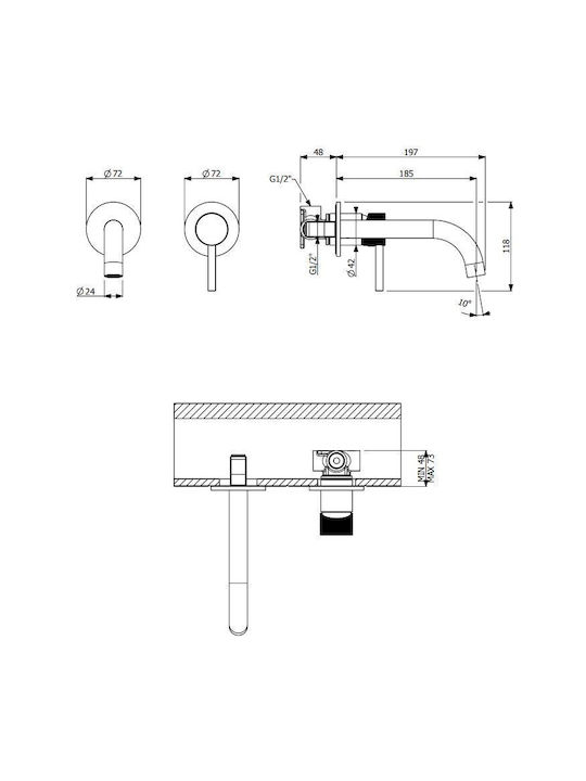 Armando Vicario Industrial Built-in Mixer & Spout Set for for Bathroom Sink Gold