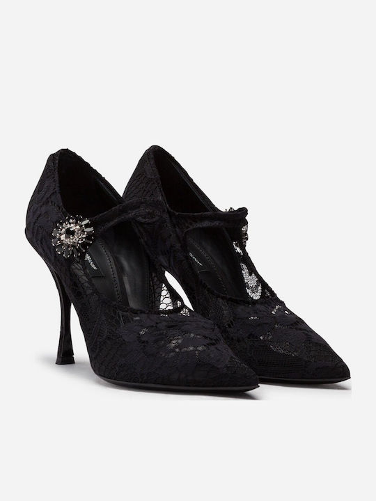Dolce & Gabbana Дамски Кожени Остри Обувки на Ток с Каишка и Висок Ток Черни