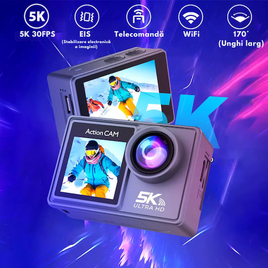 DB-0068 Cameră de Acțiune 256GB 5K Subacvatică (cu Husă) cu Ecran 2" și Wi-Fi Neagră
