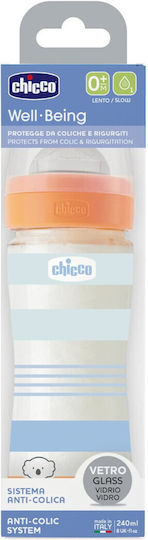 Chicco Biberoan din Sticlă Well Being Anti-colici cu Tetină din Silicon pentru 0+ Luni Albastru 240ml