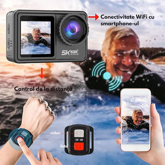 DB-0100 256GB Action Camera 5K Underwater (with Case) with 1.4" Touch Screen and Wi-Fi Black