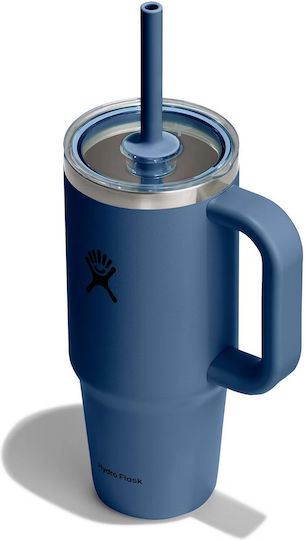 Hydro Flask Reise Becher mit Griff Thermosflasche Rostfreier Stahl / Kunststoff 710ml Harbor Blau mit Stroh und Handgriff