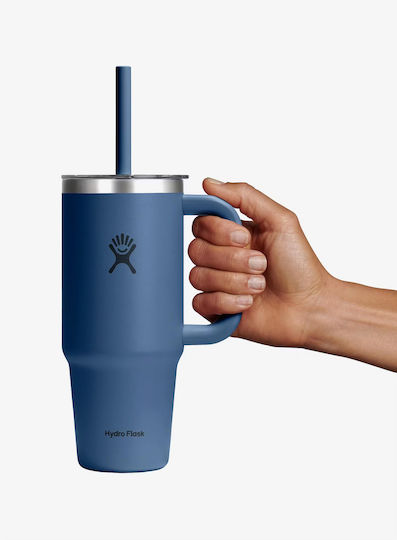 Hydro Flask Reise Becher mit Griff Thermosflasche Rostfreier Stahl / Kunststoff 710ml Harbor Blau mit Stroh und Handgriff