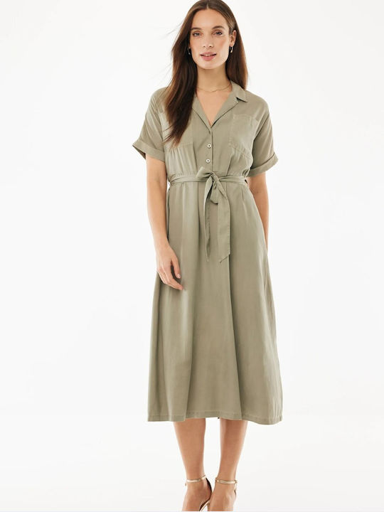 Summer Midi Shirt Dress Short Sleeve Green