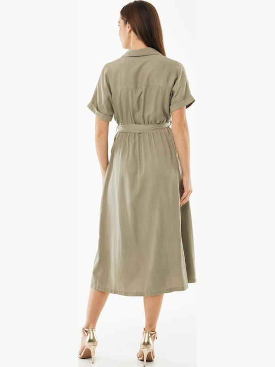 Summer Midi Shirt Dress Short Sleeve Green