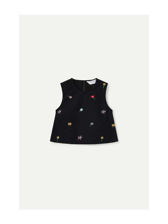 Women's Cotton Sleeveless Floral Black Blouse