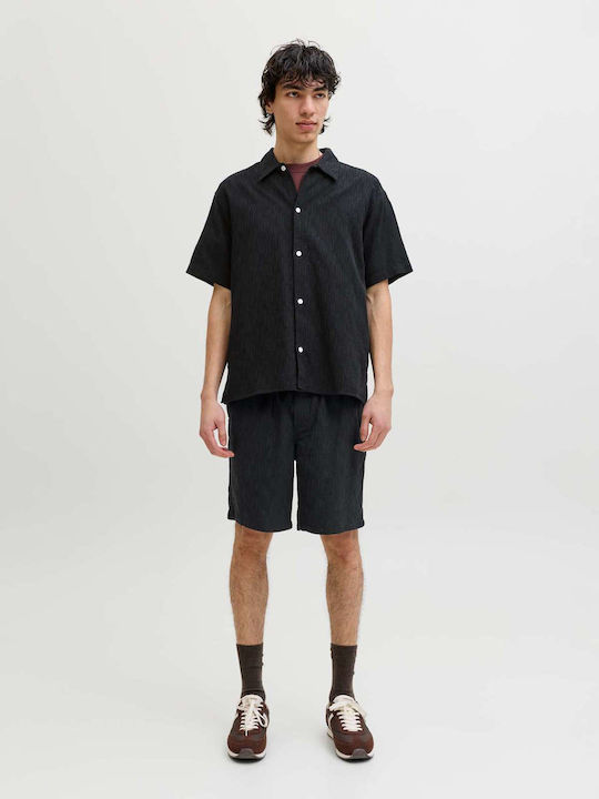 Short Sleeve Cotton Shirt In Wide Line Black