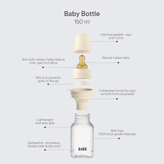 Bibs Plastic Baby Bottle Anti-Colic with Rubber Teat for 0+ Months White 150ml