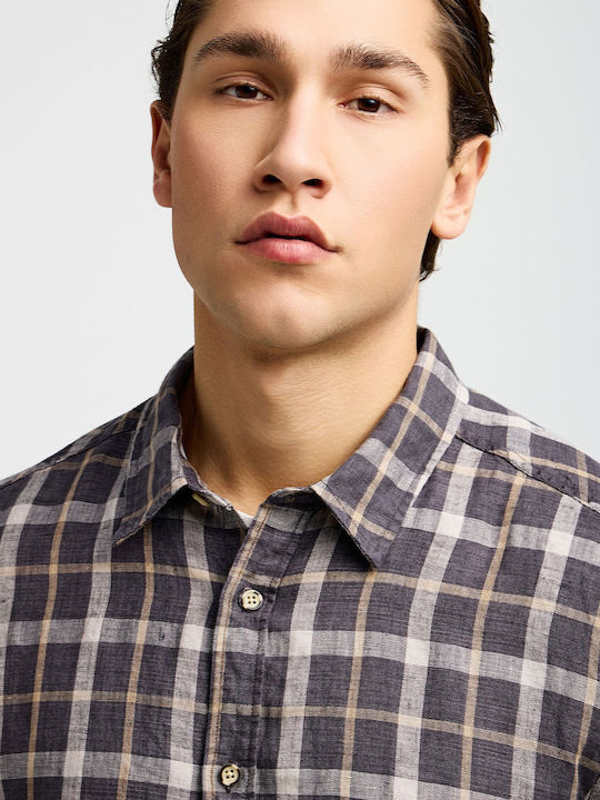 Short Sleeve Linen Checked Multicolour Shirt