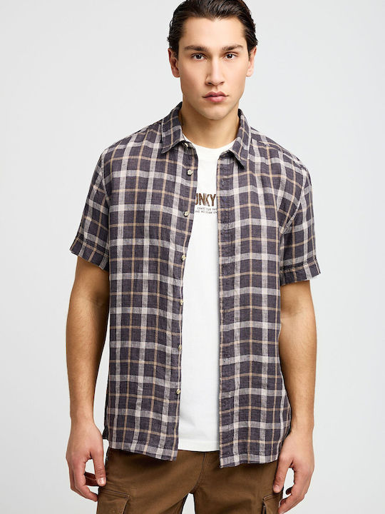 Short Sleeve Linen Checked Multicolour Shirt