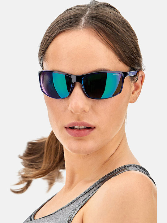 Polaroid Men's Sunglasses with Blue Plastic Frame and Green Polarized Mirror Lens PLD7036/S PJP5Z