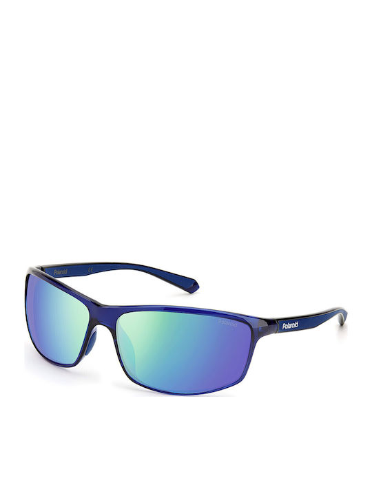 Polaroid Men's Sunglasses with Blue Plastic Frame and Green Polarized Mirror Lens PLD7036/S PJP5Z