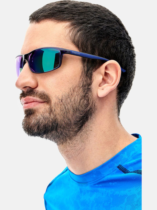 Polaroid Men's Sunglasses with Blue Plastic Frame and Green Polarized Mirror Lens PLD7036/S PJP5Z