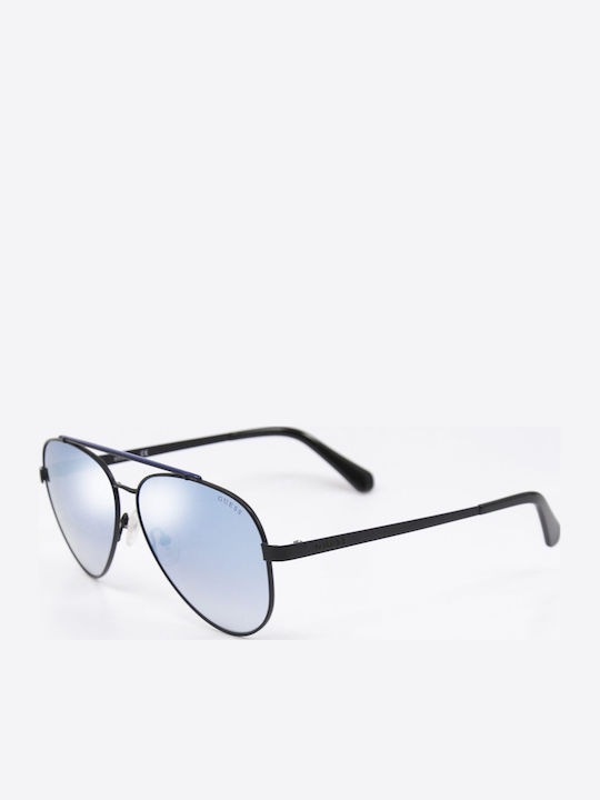 Guess Men's Sunglasses with Black Metal Frame and Light Blue Mirror Lens