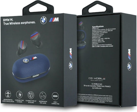 BMW Metal Logo In-ear Bluetooth Handsfree Headphones with Sweat Resistance and Charging Case Blue
