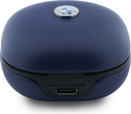 BMW Leather Metal Logo In-ear Bluetooth Handsfree Headphones with Blue Charging Case