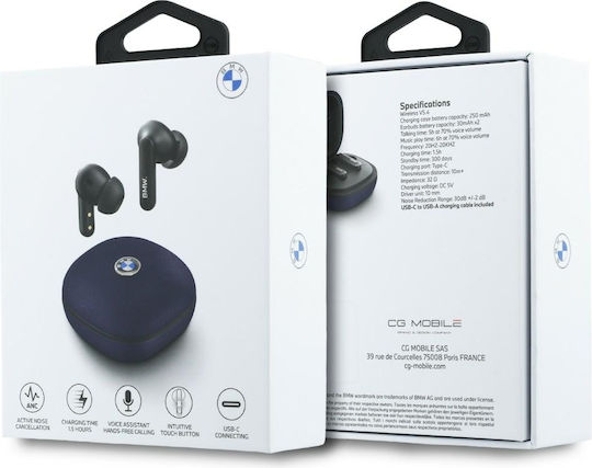 BMW Leather Metal Logo In-ear Bluetooth Handsfree Headphones with Blue Charging Case