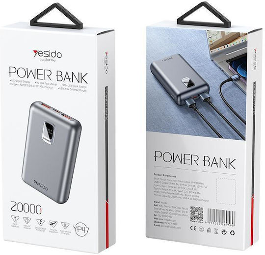 Yesido YP47 Power Bank 20000mAh 22.5W mit 2 USB-A Ausgangsanschlüsse und USB-C Ausgangsanschluss Power Delivery Silber
