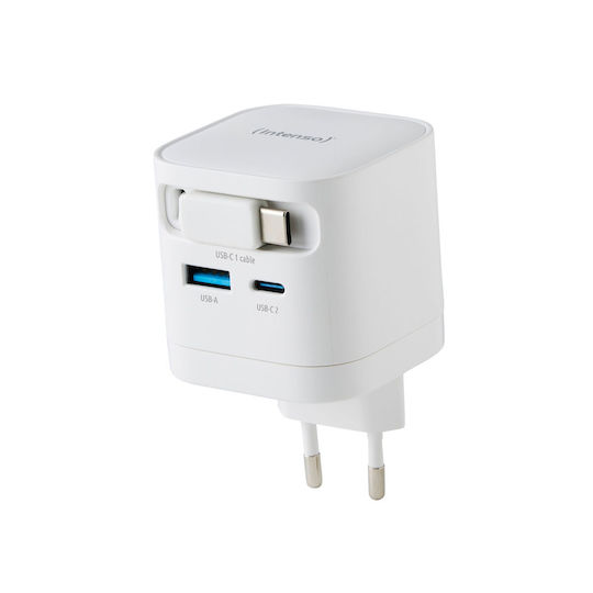 Intenso Φορτιστής GaN με Θύρα USB-A και Θύρα USB-C και Καλώδιο USB-C 65W Λευκός (7806522)