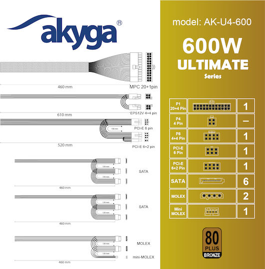 Akyga AK-U4-600 600W Black Computer Power Supply Full Wired 80 Plus Bronze