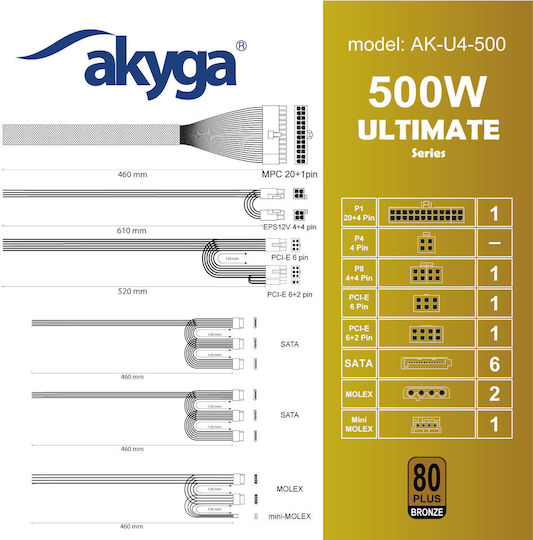 Akyga AK-U4-500 500W Black Computer Power Supply Full Wired 80 Plus Bronze