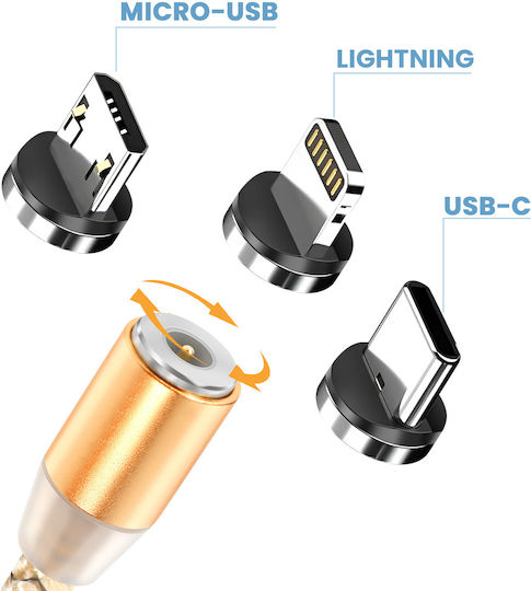 Avizar 3-in-1 Magnetic Cable Usb-c Lightning Micro-usb To Usb-a 1m Gold