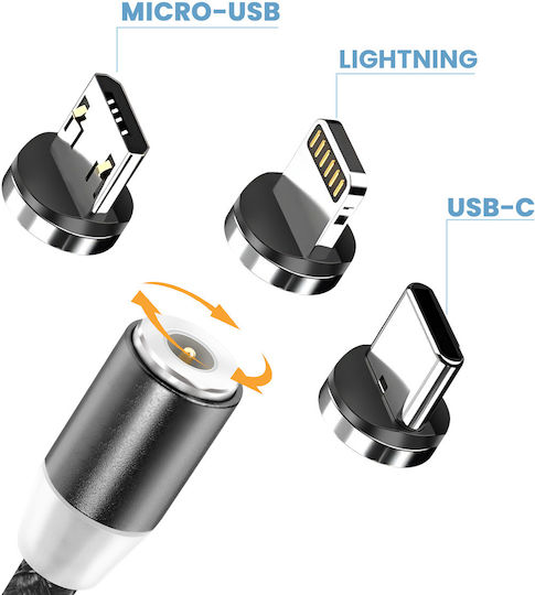 Avizar Cablu 3-in-1 Magnetic Usb-c Lightning Micro-usb La Usb-a 1m Negru